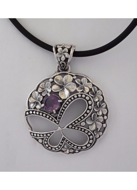 AGNES CREATIONS / JOLI PENDENTIF "FLORAL" EN ARGENT 925 ORNE D'UNE AMETHYSTE