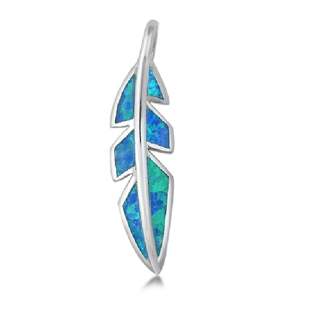 Pendentif Mixte Plume orné d'Opale bleue en Argent 925