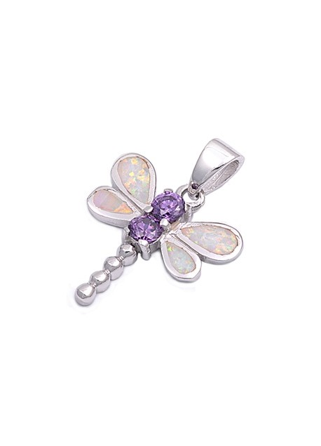 Pendentif Libellule orné d'Opale et 2 Améthystes violettes en Argent 925