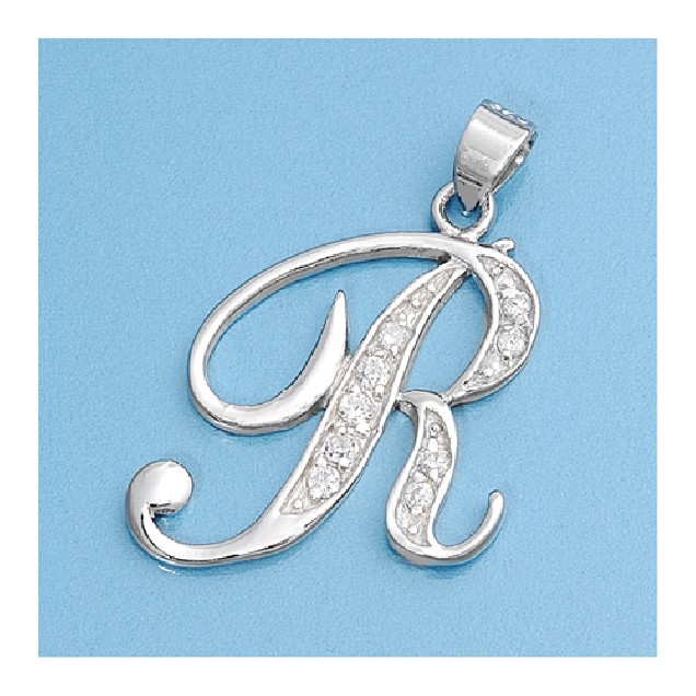 Pendentif initiale Lettre R argent 925 orné Zirconiums